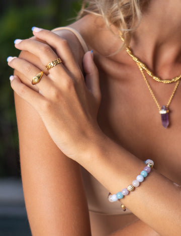 Nialaya Women's Beaded Bracelet Women's Beaded Bracelet with Aquamarine, Blue Lace Agate, Rose Quartz, and Amethyst Lavender Women's Beaded Bracelet with Aquamarine, Blue Lace Agate, Rose Quartz, and Amethyst Lavender